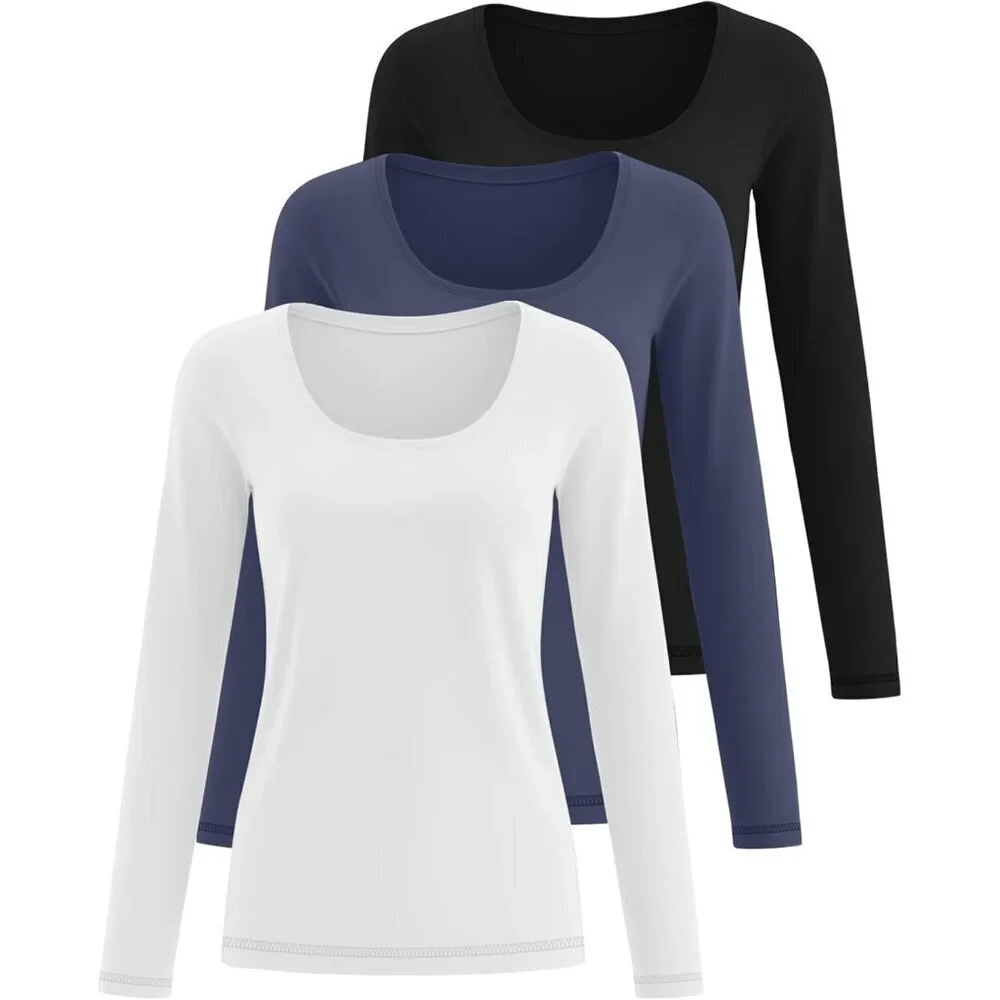 Women's Long Sleeve Shirts 3 Pack Cotton Polyester Spandex Slim Fit Casual Top